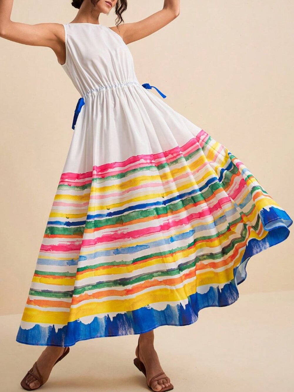 Multicolor Boho Women's Striped Pattern Drawstring Cinched Waist Dress